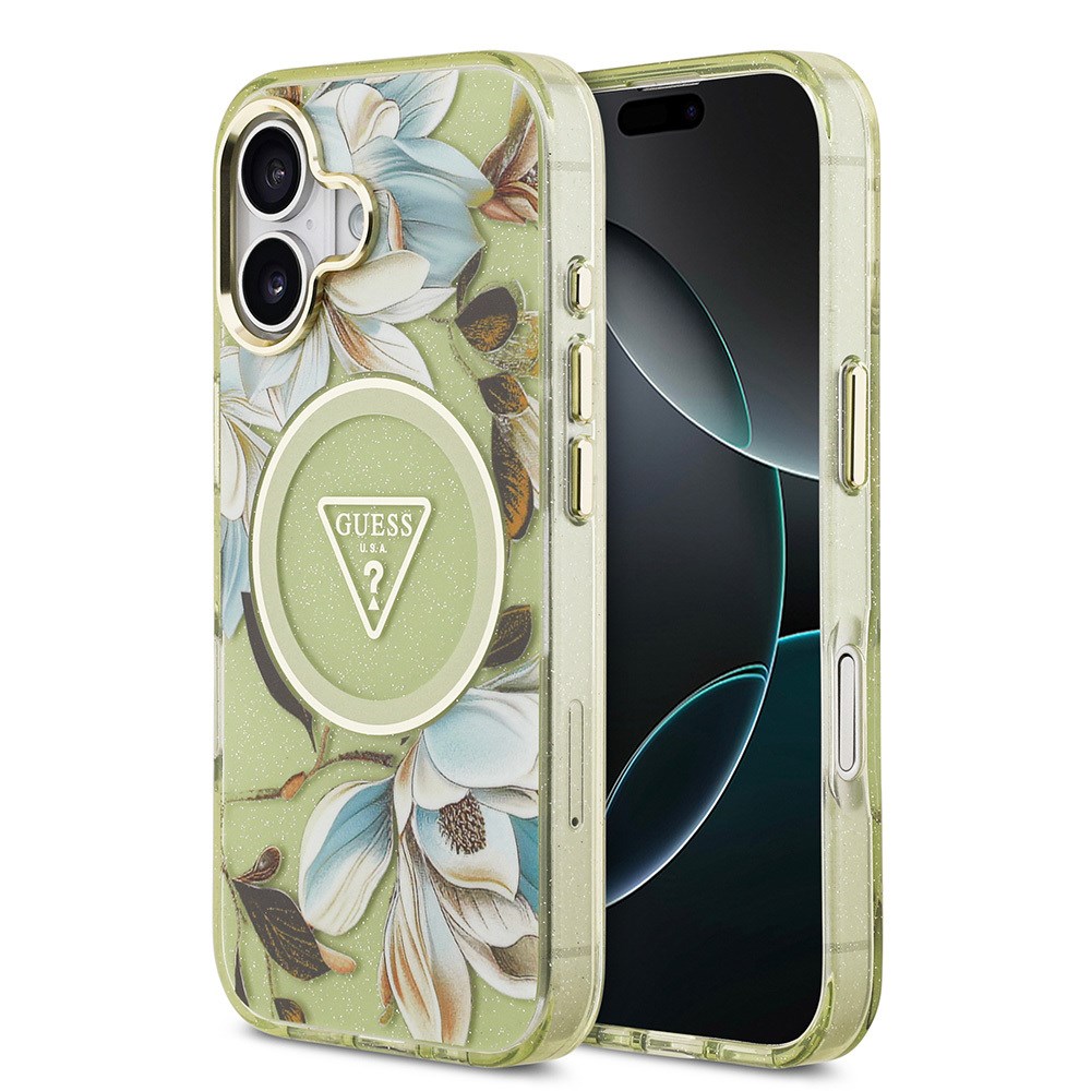 Apple iPhone 17 Kılıf Guess Orjinal Lisanslı M-safe Şarj Özellikli Simli Çiçek Desenli Metal Kamera Çerçeveli Üçgen Logolu Kapak