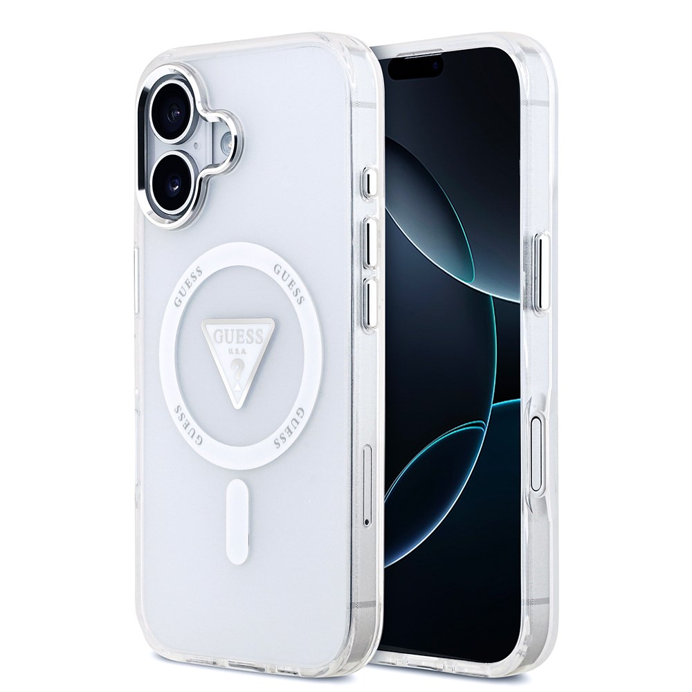 Apple iPhone 17 Kılıf Guess Orjinal Lisanslı M-safe Şarj Özellikli IML Baskılı Üçgen Logolu Metal Kamera Çerçeveli Kapak