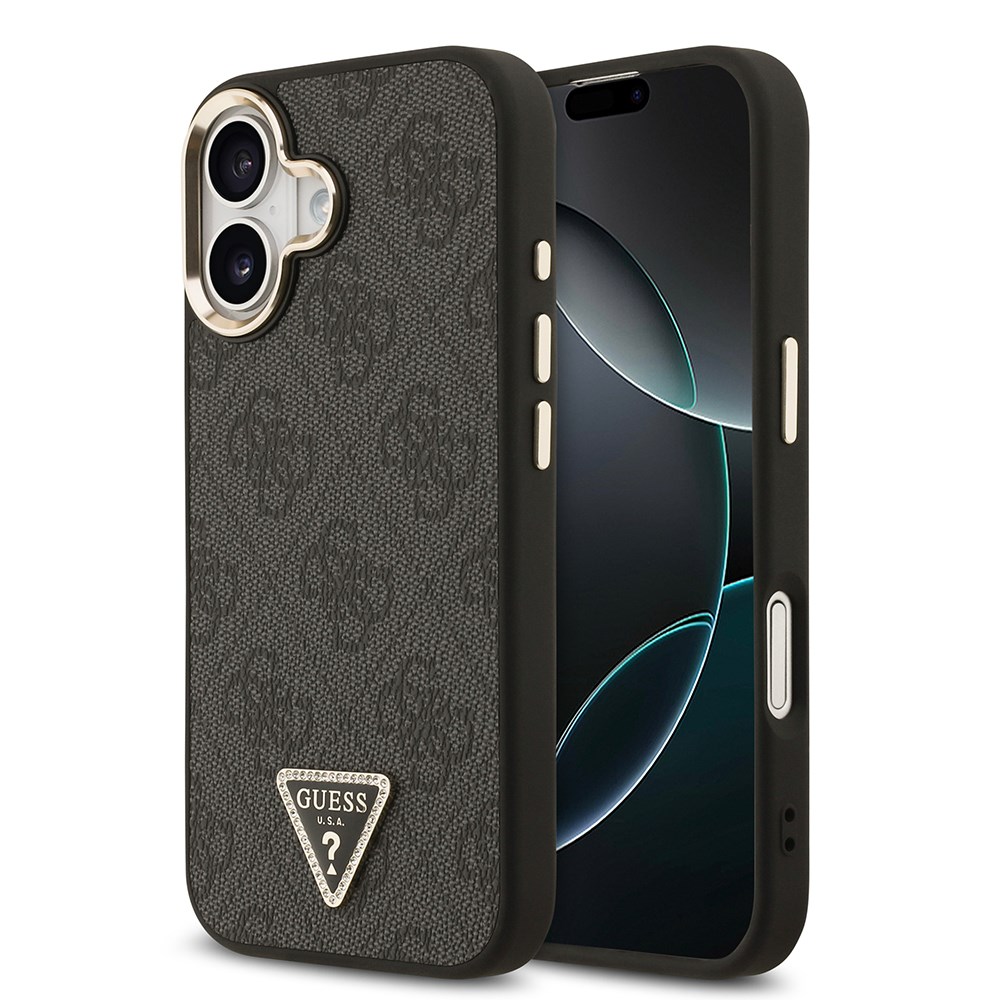 Apple iPhone 17 Kılıf Guess Orjinal Lisanslı M-safe Şarj Özellikli Gold Metal Kamera Çerçeveli Taşlı Üçgen Logo 4G Desenli Kapak