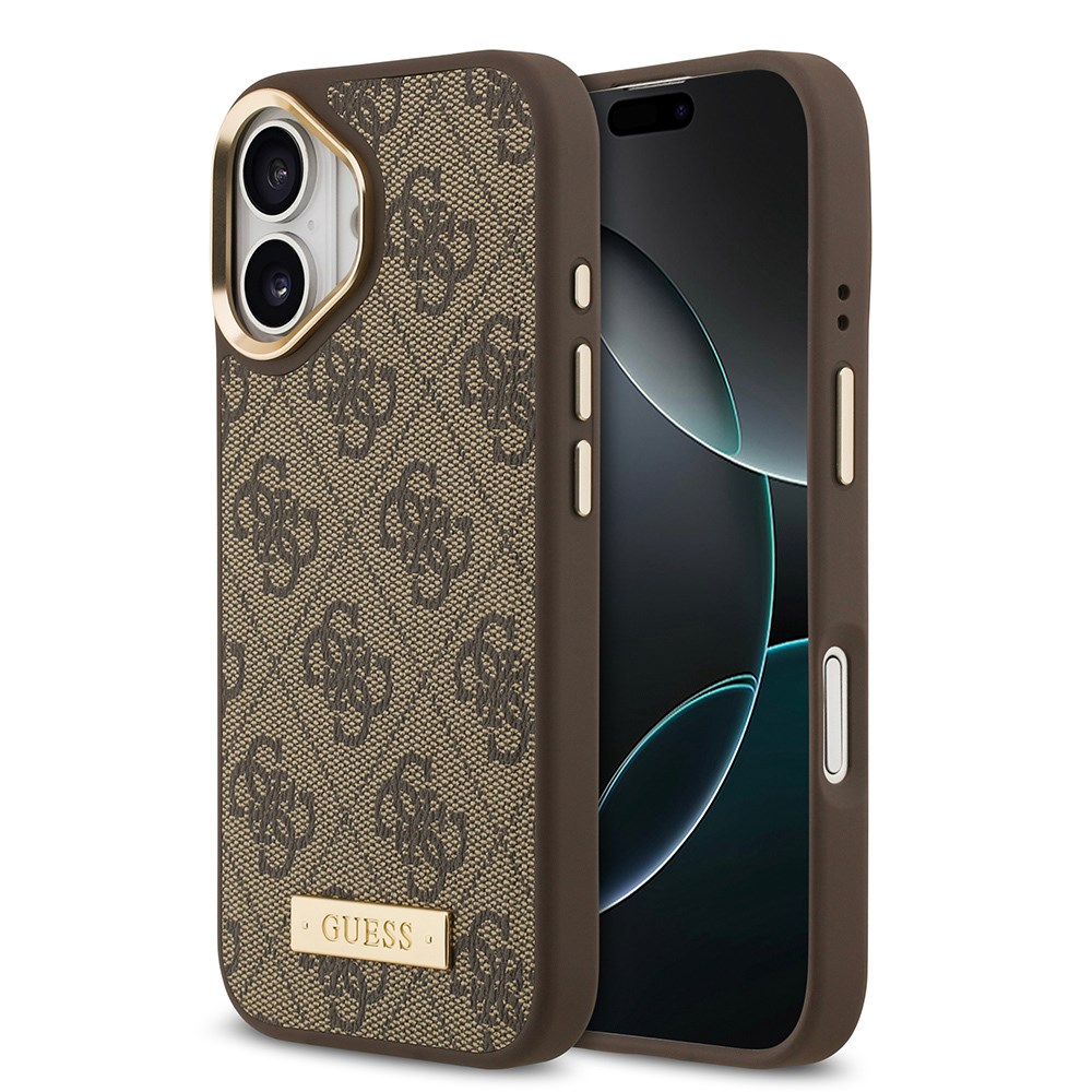 Apple iPhone 17 Kılıf Guess Orjinal Lisanslı M-safe Şarj Özellikli 4G Desenli PU Metal Plaka Klasik Logolu Kapak