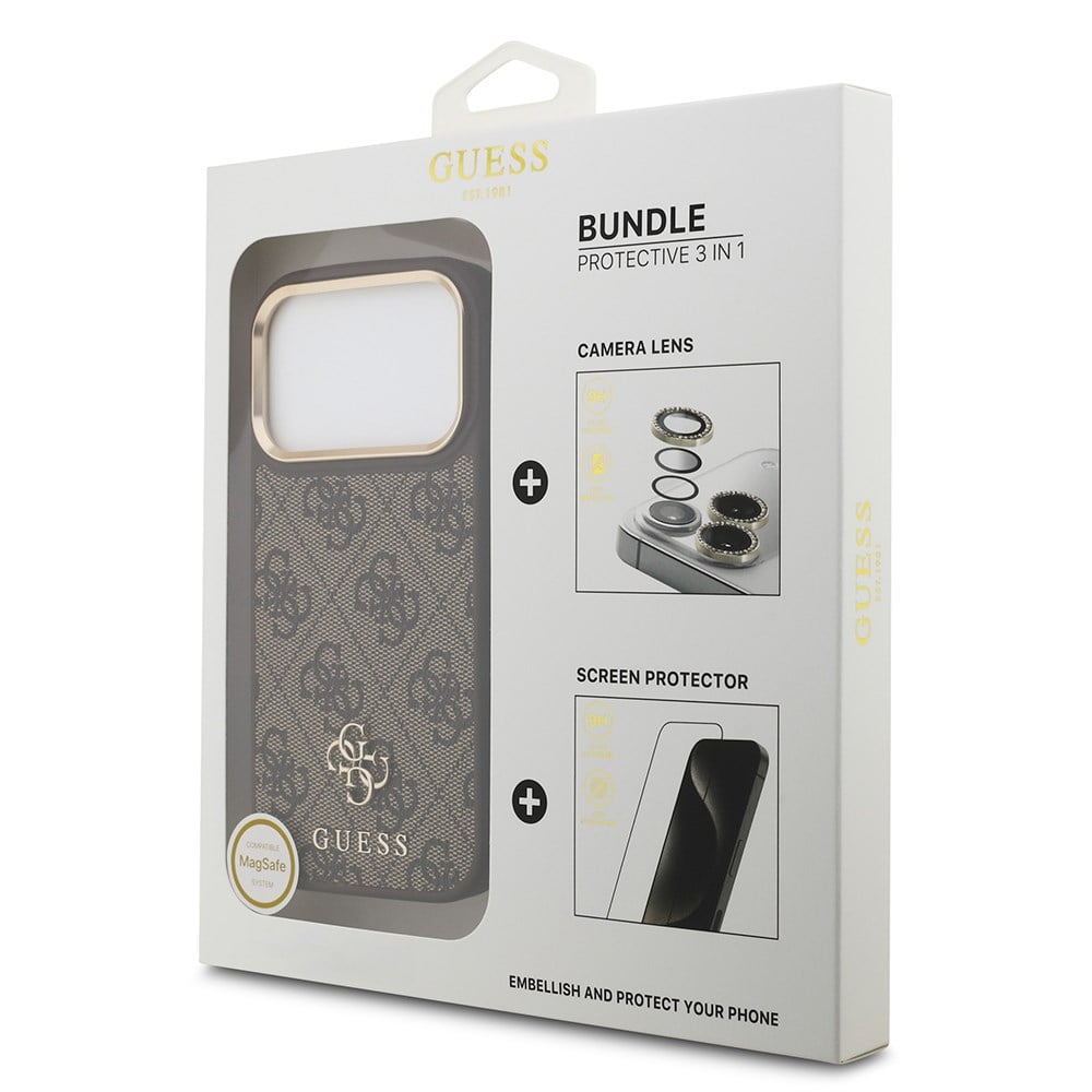 Apple iPhone 17 Pro Guess Orjinal Lisanslı 4G ve Yazı Logolu Kılıf + Ekran Koruyucu + Lens Koruyucu 3in1 Aksesuar Seti