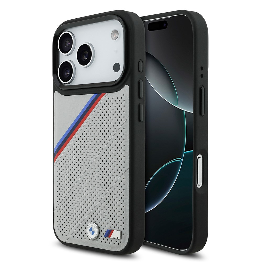 Apple iPhone 17 Pro Kılıf BMW Orjinal Lisanslı M-safe Şarj Özellikli M Logolu Üç Şeritli Delikli Deri Kapak