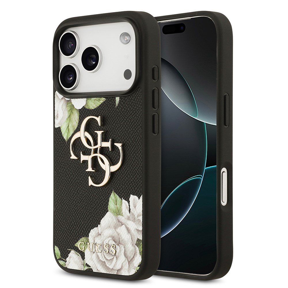 Apple iPhone 17 Pro Kılıf Guess Orjinal Lisanslı Gül Baskılı Büyük Metal Logo Dizaynlı Kapak