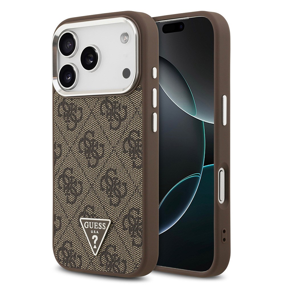 Apple iPhone 17 Pro Kılıf Guess Orjinal Lisanslı M-safe Şarj Özellikli Gümüş Metal Kamera Çerçeveli Üçgen Logo 4G Desenli Kapak