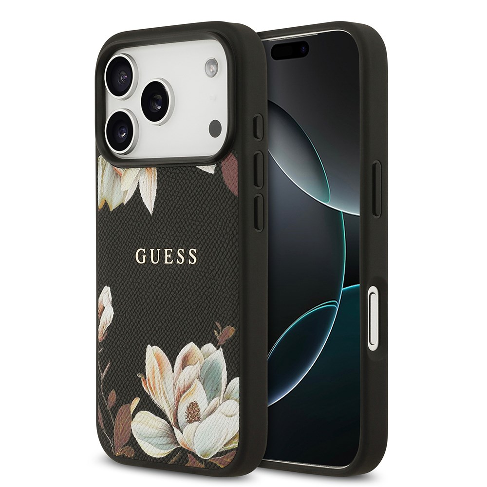 Apple iPhone 17 Pro Kılıf Guess Orjinal Lisanslı M-safe Şarj Özellikli Taneli Çiçek Tasarımlı Metal Yazı Logolu Kapak