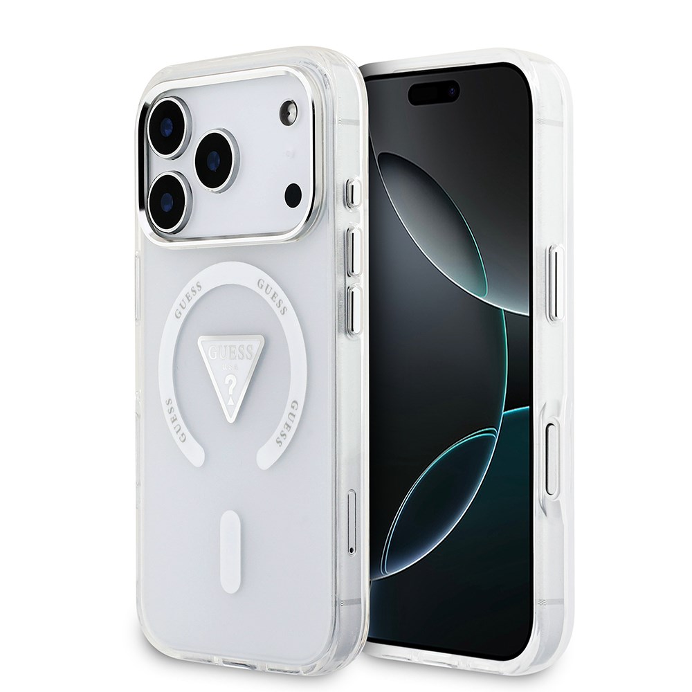 Apple iPhone 17 Pro Kılıf Guess Orjinal Lisanslı M-safe Şarj Özellikli IML Baskılı Üçgen Logolu Metal Kamera Çerçeveli Kapak