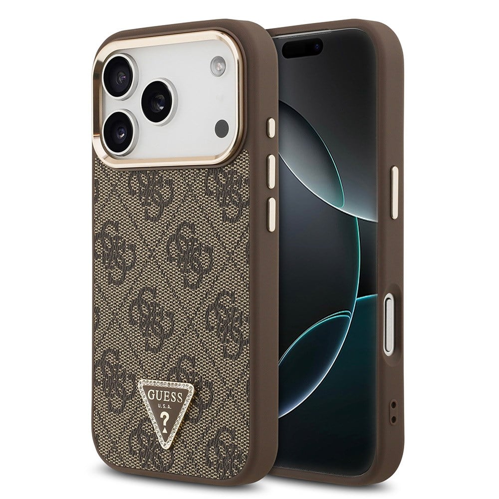 Apple iPhone 17 Pro Kılıf Guess Orjinal Lisanslı M-safe Şarj Özellikli Gold Metal Kamera Çerçeveli Taşlı Üçgen Logo 4G Desenli Kapak