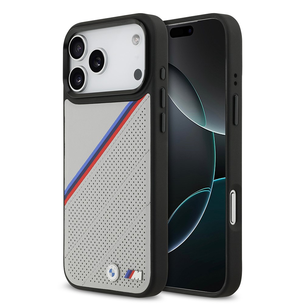 Apple iPhone 17 Pro Max Kılıf BMW Orjinal Lisanslı M-safe Şarj Özellikli M Logolu Üç Şeritli Delikli Deri Kapak