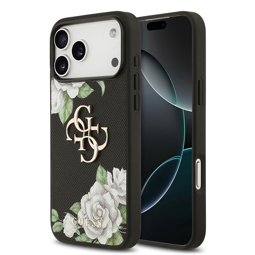 Apple iPhone 17 Pro Max Kılıf Guess Orjinal Lisanslı Gül Baskılı Büyük Metal Logo Dizaynlı Kapak