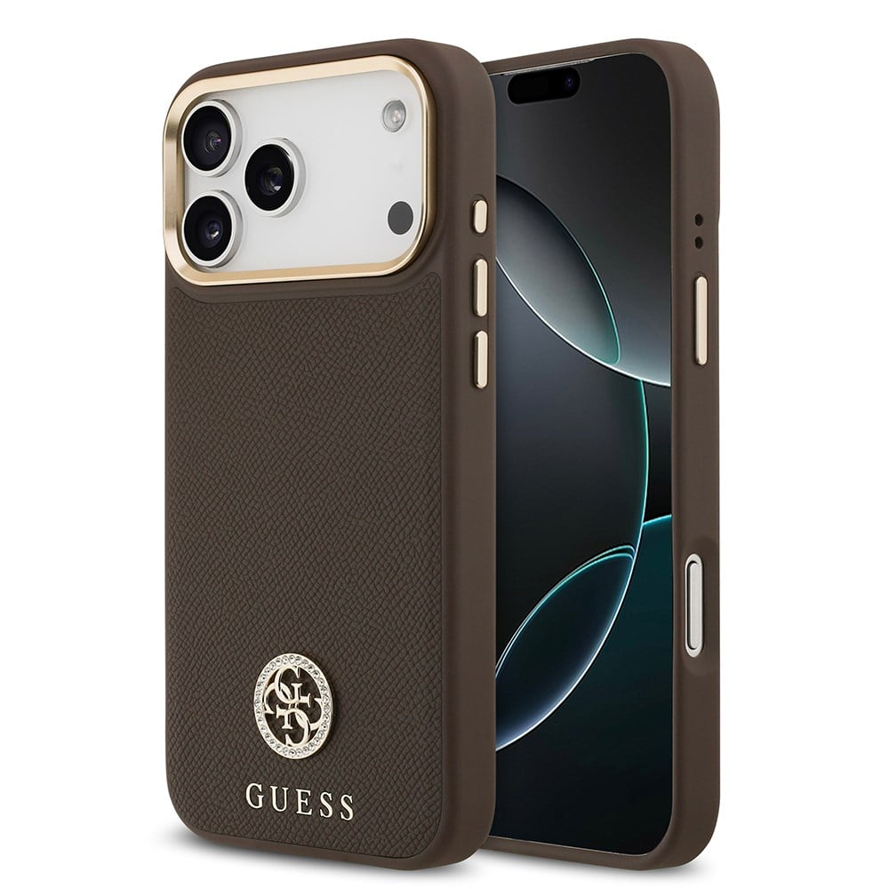 Apple iPhone 17 Pro Max Kılıf Guess Orjinal Lisanslı M-safe Şarj Özellikli Grained Yazı ve Taşlı 4G Logolu Kapak