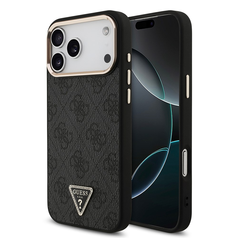 Apple iPhone 17 Pro Max Kılıf Guess Orjinal Lisanslı M-safe Şarj Özellikli Taşlı Üçgen Logo 4G Desenli Kapak