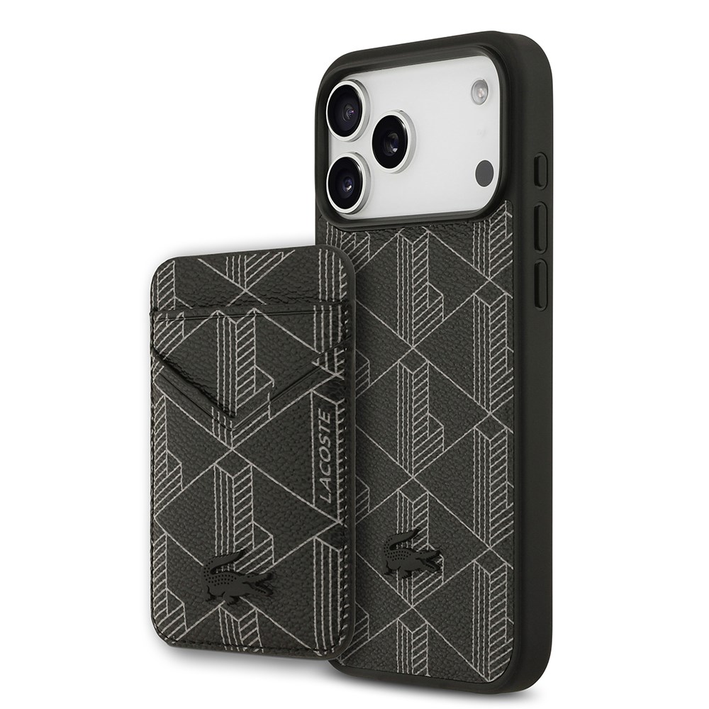 Apple iPhone 17 Pro Max Kılıf Lacoste Orjinal Lisanslı M-safe Şarj Özellikli PU Deri Tasarımlı Kartlıklı Karışık Monogram Desenli Kapak