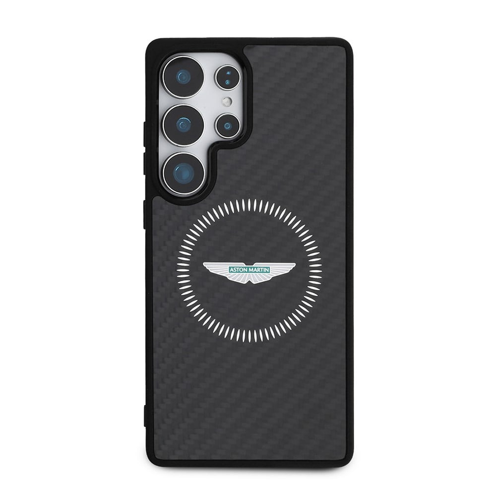 Galaxy S25 Ultra Kılıf Aston Martin Orjinal Lisanslı M-safe Şarj Özellikli Radyal Halka ve Karbon Fiber Tasarımlı Kapak