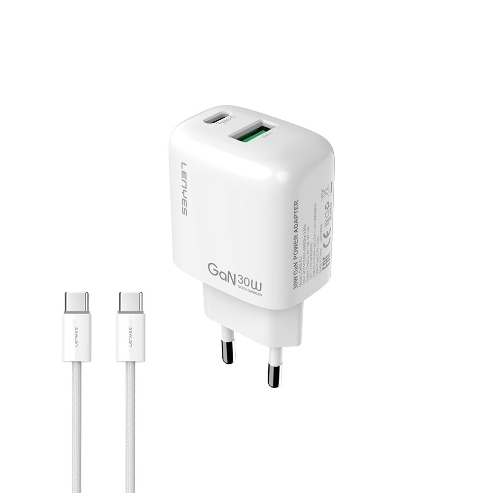 Lenyes LCH93-TC-TC Type-C to Type-C GaN Teknolojili PD ve USB Hızlı Şarj Özellikli Şarj Seti 30W