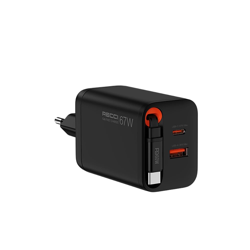 Recci RC103E GaN Teknolojili Hızlı Şarj Başlığı USB-A to Type-C PD 67W Type-C Kablolu Şarj Seti