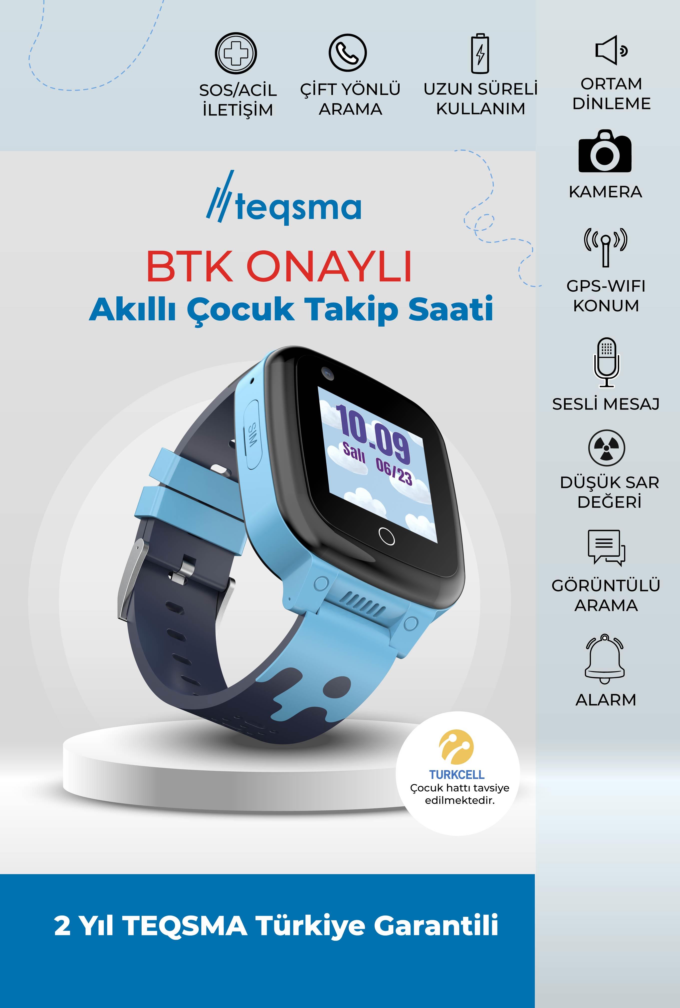 TEQSMA S25 Uz Akıllı Çocuk Saati- SOS, GPS Takibi, Görüntülü Görüşme, BTK Onaylı, Su Geçirmez 24 Ay Garantili Mavi