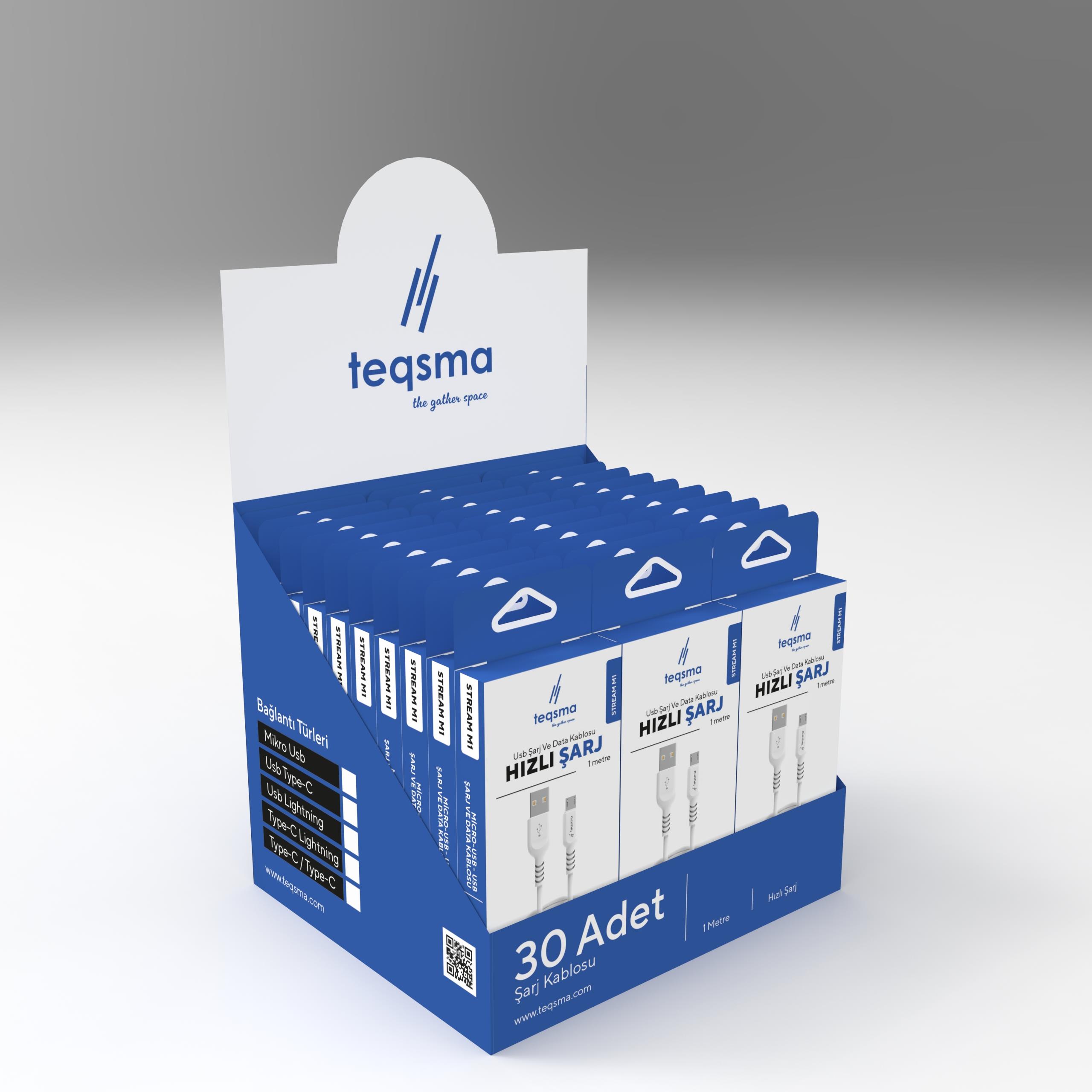 TEQSMA STREAM M1 Micro USB - USB Kablo 2.4A 100Cm 30'lu Koli