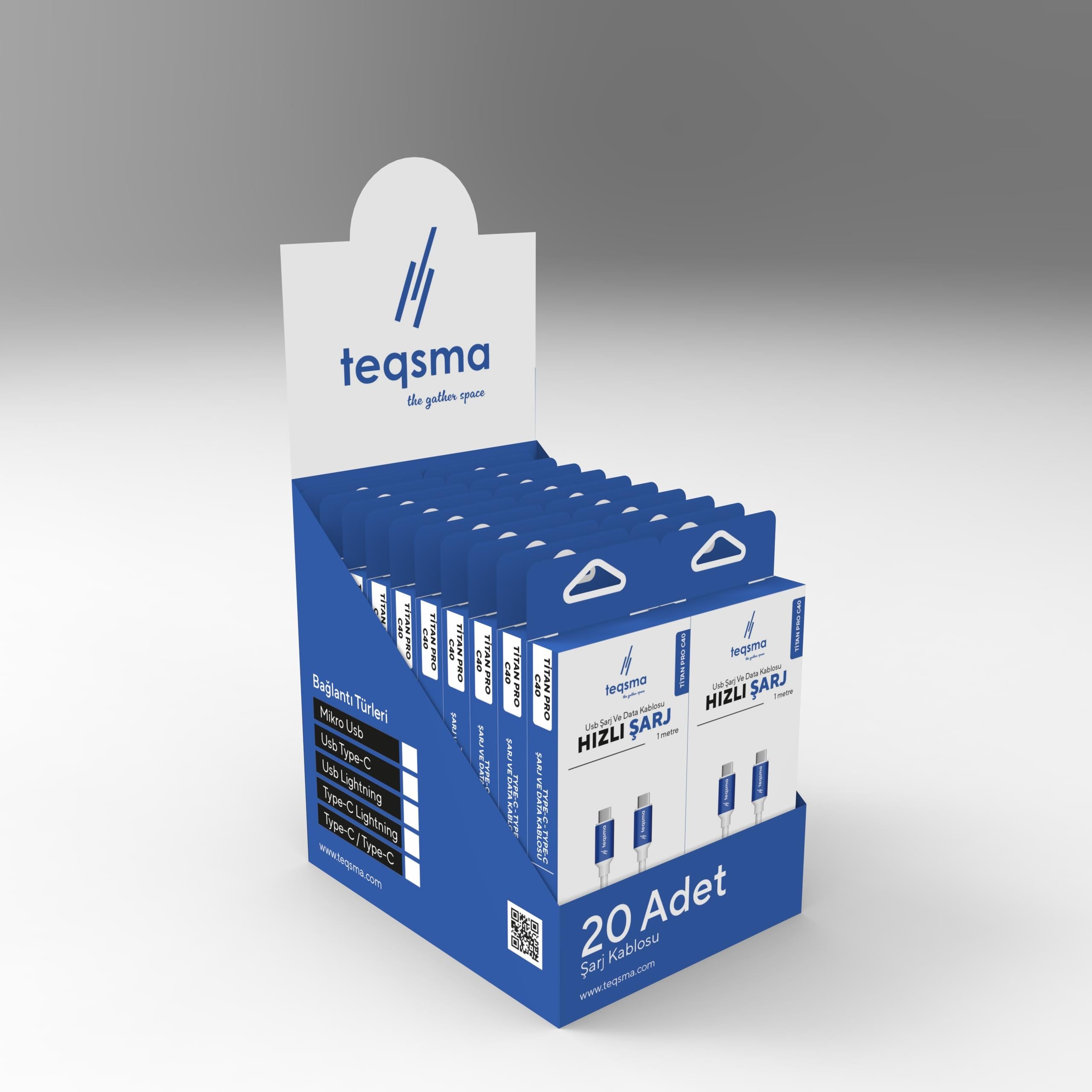 TEQSMA TITAN PRO C40 Type-C - Type-C Kablo 40W 100Cm 20'li Koli