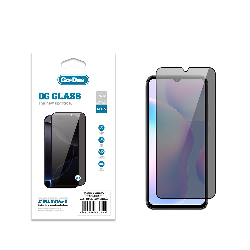 Xiaomi Redmi 9A Go Des OG Glass Privacy Antistatik Temperli Cam Ekran Koruyucu