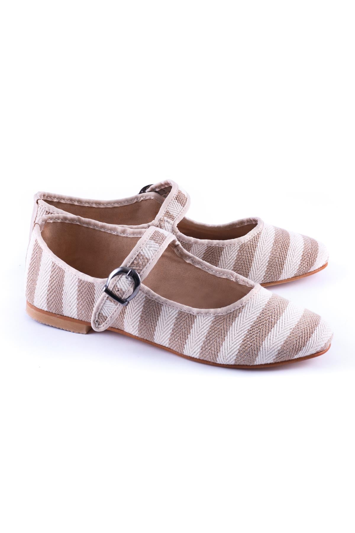 Beige Striped Mary Jane Flats