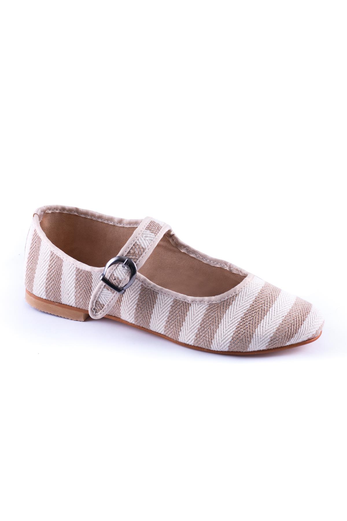 Beige Striped Mary Jane Flats