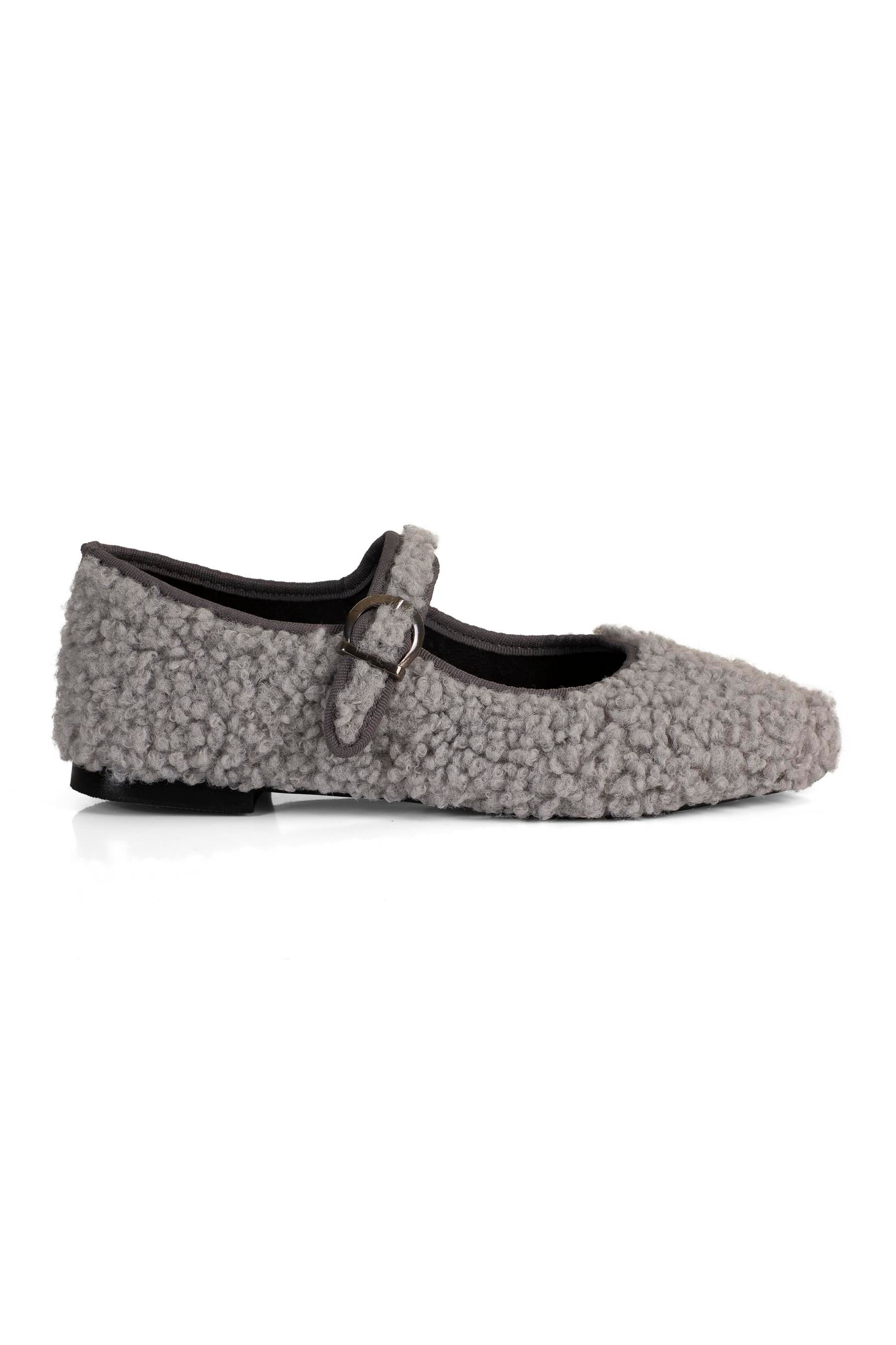 Grey Teddy Mary Jane Flats