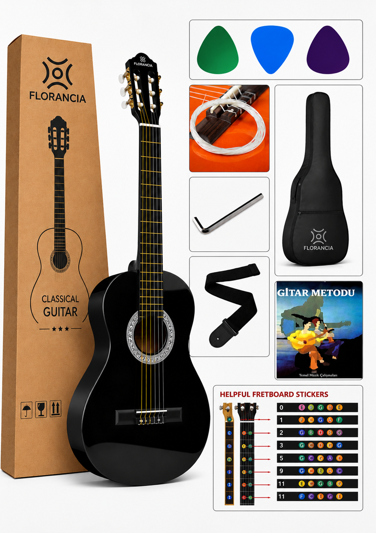 Arriva Tam Boy 4/4 Klasik Gitar Seti 39''  Siyah