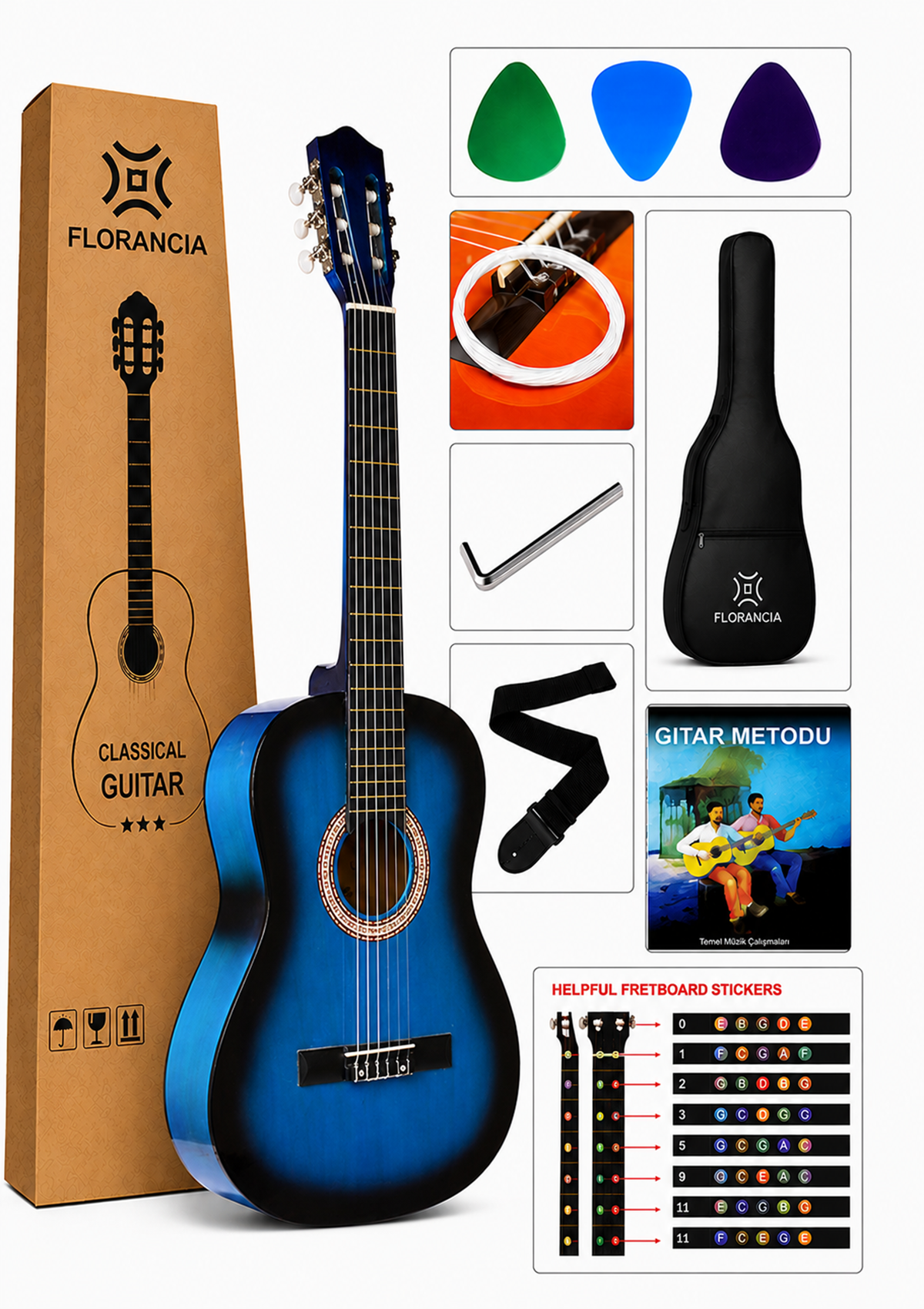 Florancia Tam Boy 4/4 Klasik Gitar Seti 39''  Mavi