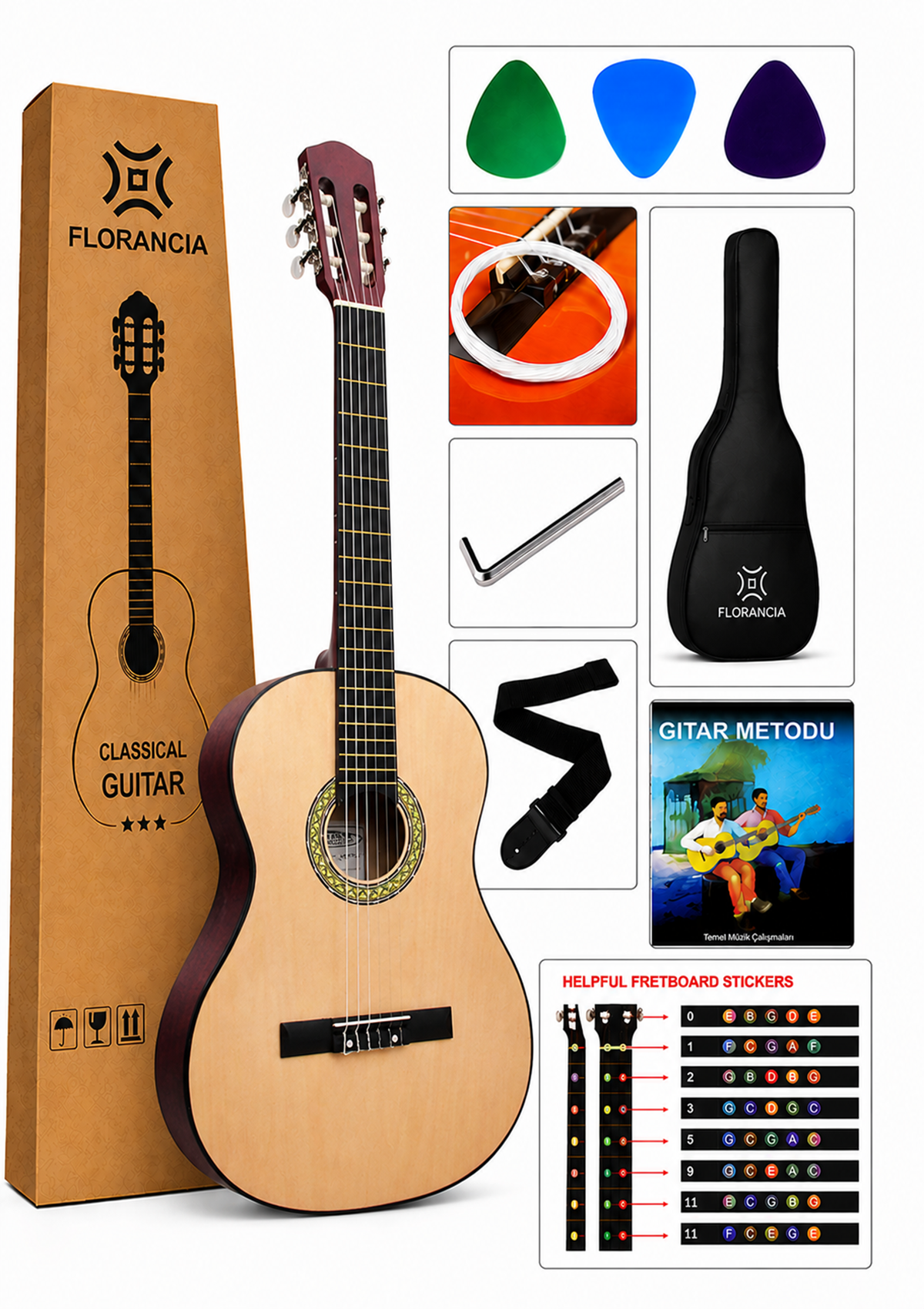Florancia Tam Boy 4/4 Klasik Gitar Seti 39''  Naturel