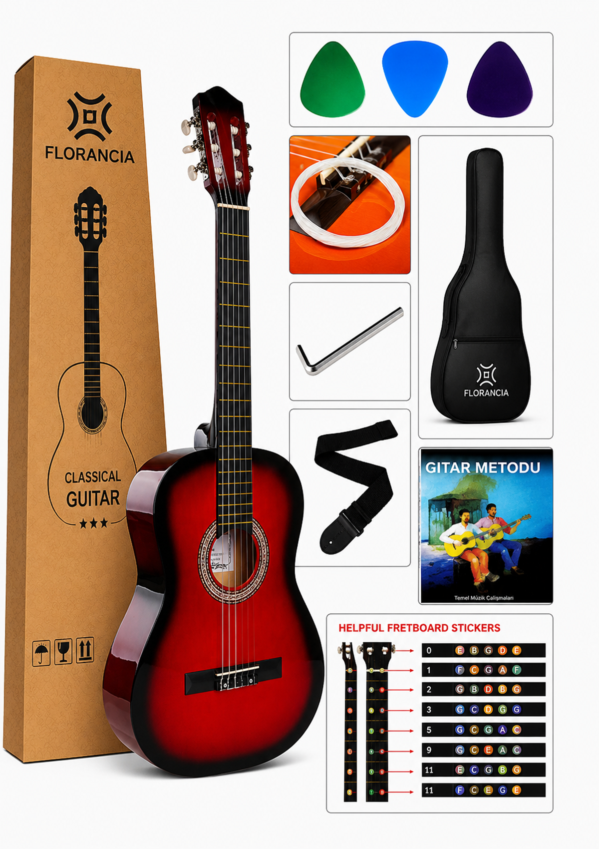 Florancia Tam Boy 4/4 Klasik Gitar Seti 39''  Kırmızı
