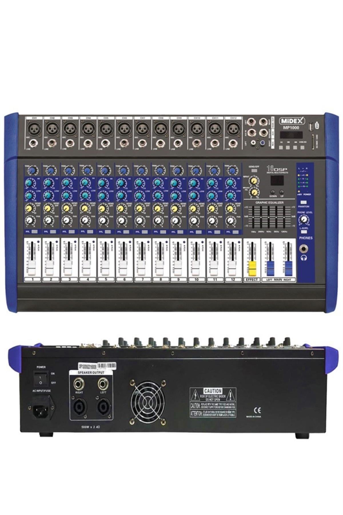 Midex MP-1000 Power Mikser Amfi 2 x 500W 12 Kanal Dsp Efekt Eq USB