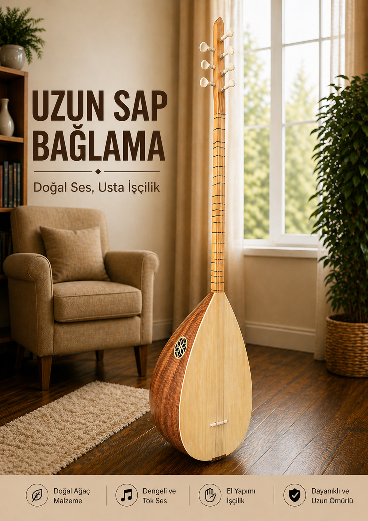 Piarro Bağlama Yaprak Maun Uzun + Kılıf Hediyeli