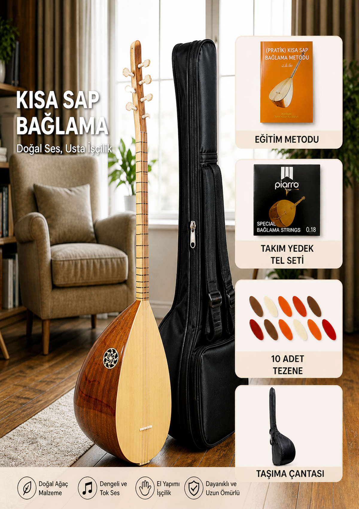 Piarro Maun Ağacı Kısa Sap Bağlama Seti Parlak Cila