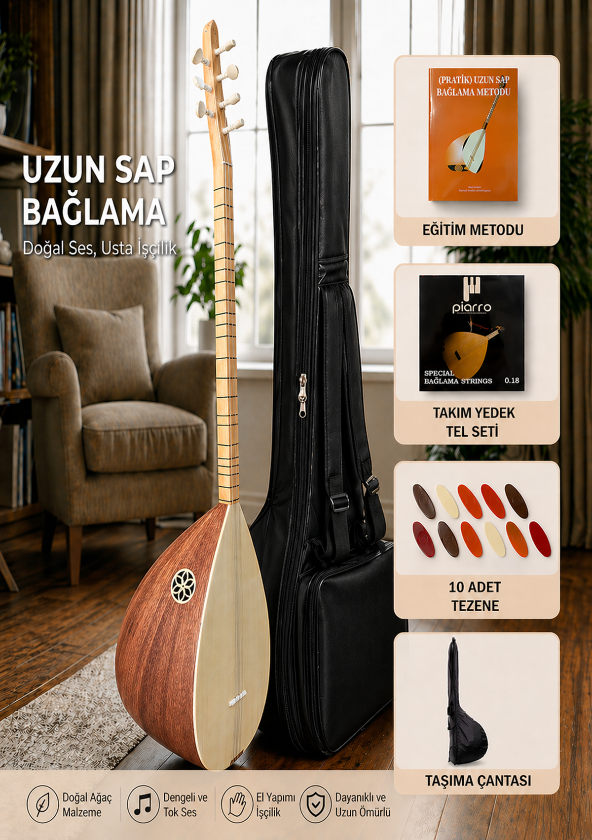 Piarro Maun Ağacı Mat Uzun Sap  Bağlama Seti 
