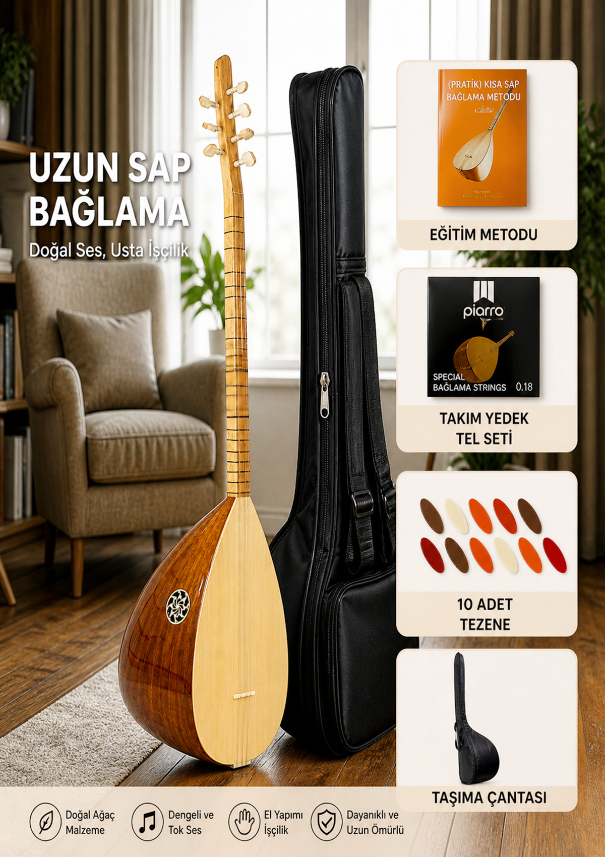 Piarro Maun Ağacı Maun Ağacı Uzun Sap Bağlama Seti 