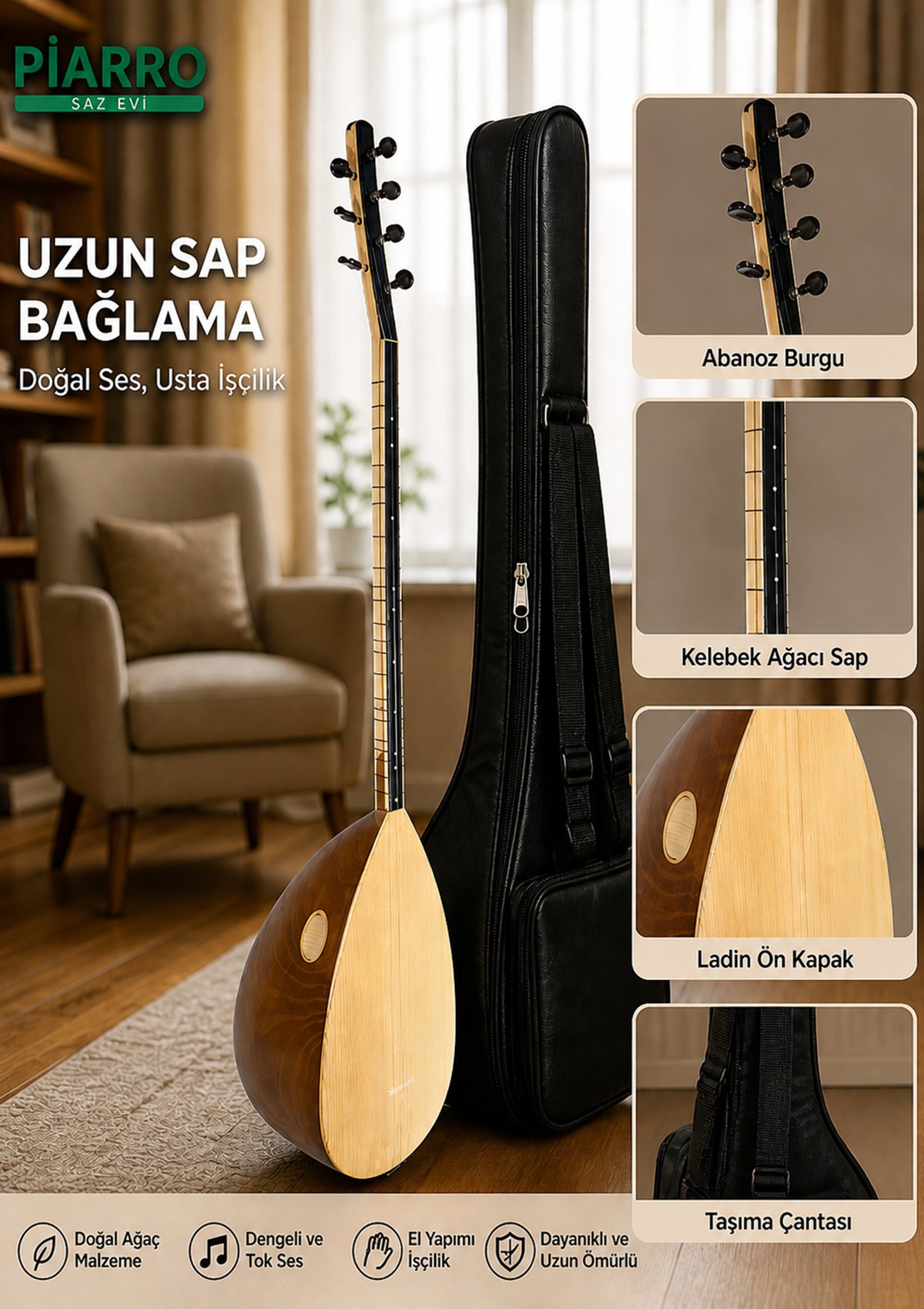 Piarro Profesyonel Uzun Sap El Oyması Dut Ağacı Bağlama 43 Tekne ( Mat Cila )