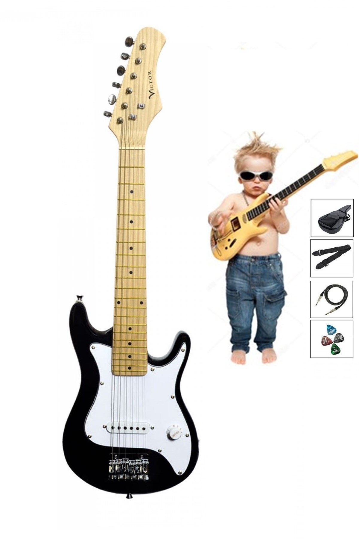 Victor Küçük  Elektro Gitar (Siyah) Junior 1/2