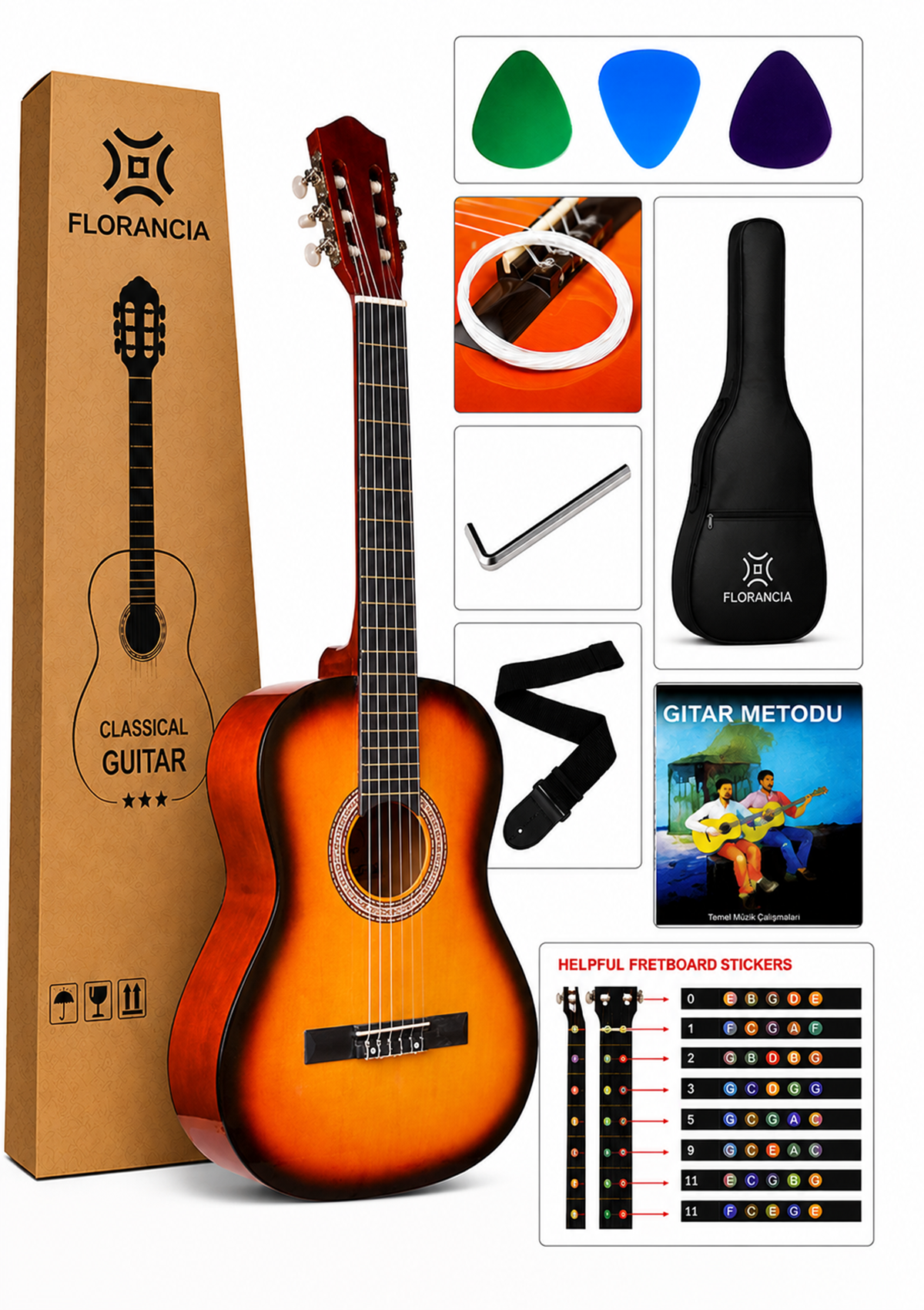 Florancia Tam Boy 4/4 Klasik Gitar Seti 39''  Sunburst