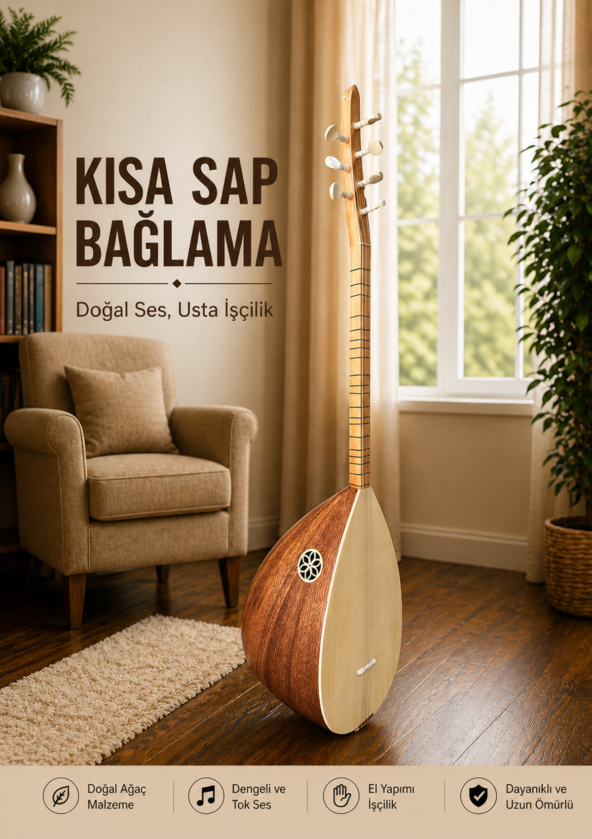 Piarro Bağlama Yaprak Maun Kısa + Kılıf Hediyeli