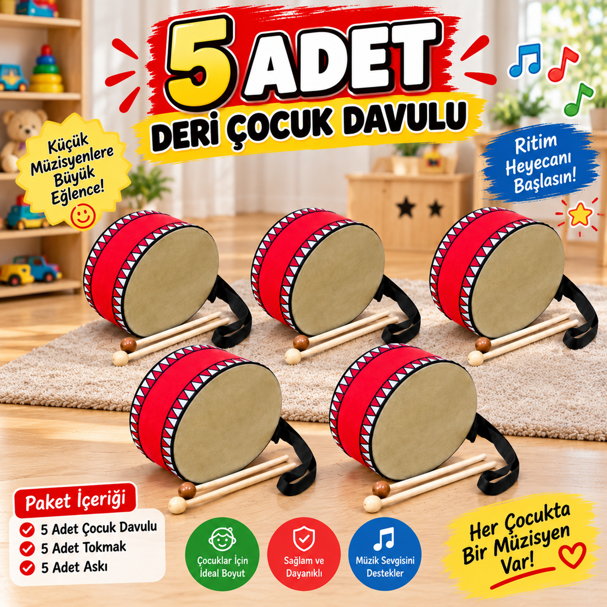 Piarro Deri Çocuk Davulu 19 cm  Çift Tokmak ( 5 Adet )