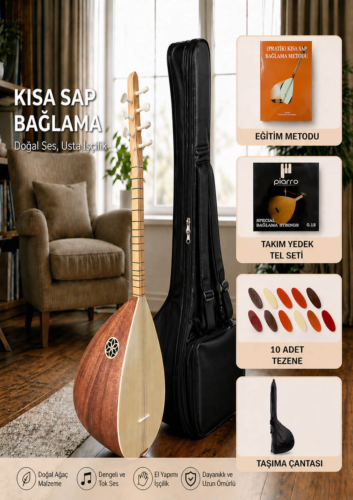 Piarro Maun Ağacı Mat Kısa Sap  Bağlama Seti 