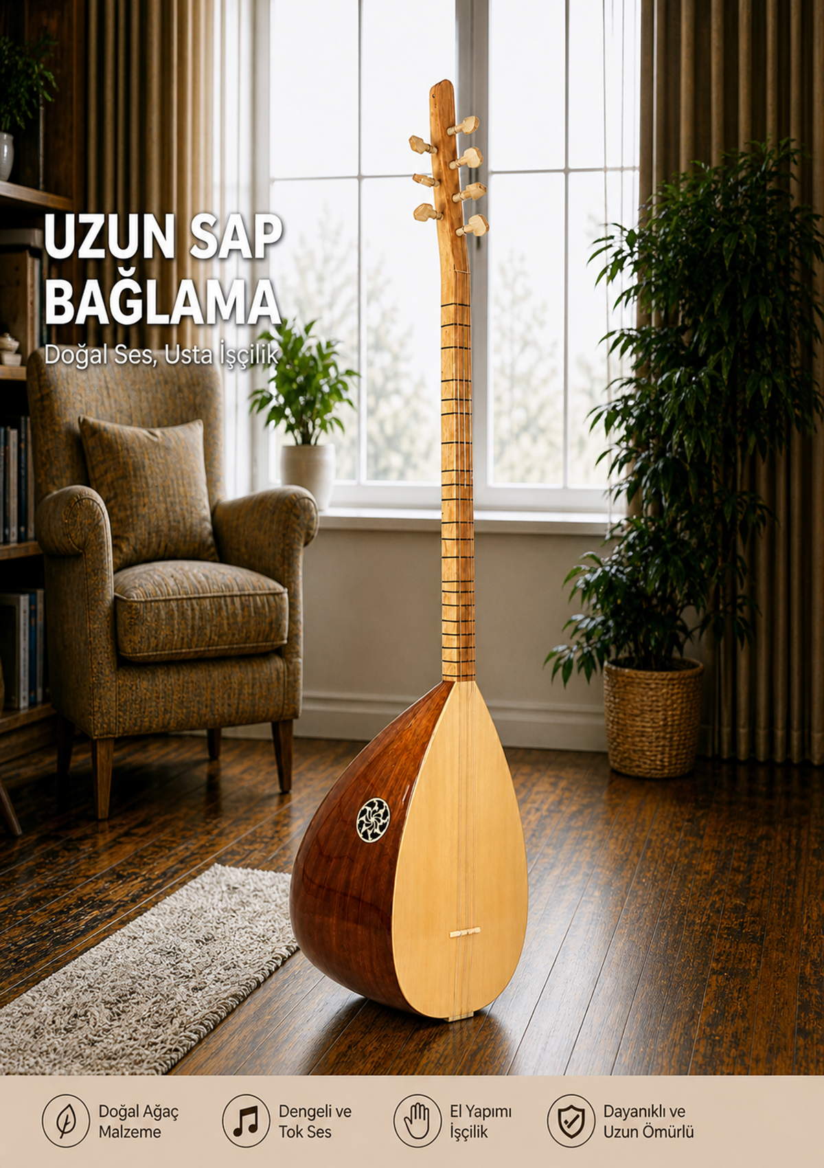 Piarro Maun Ağacı Uzun Sap  Bağlama (Parlak Cila )
