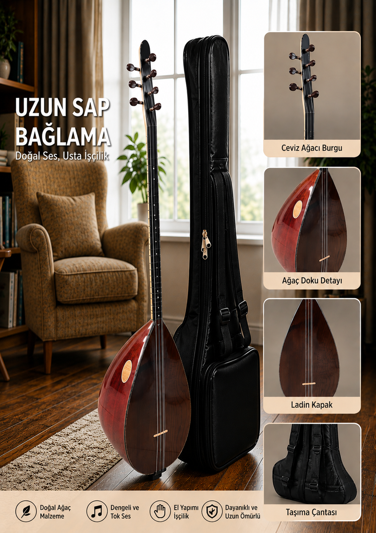Piarro Profesyonel Kısa Sap Kara Ağac Bağlama 