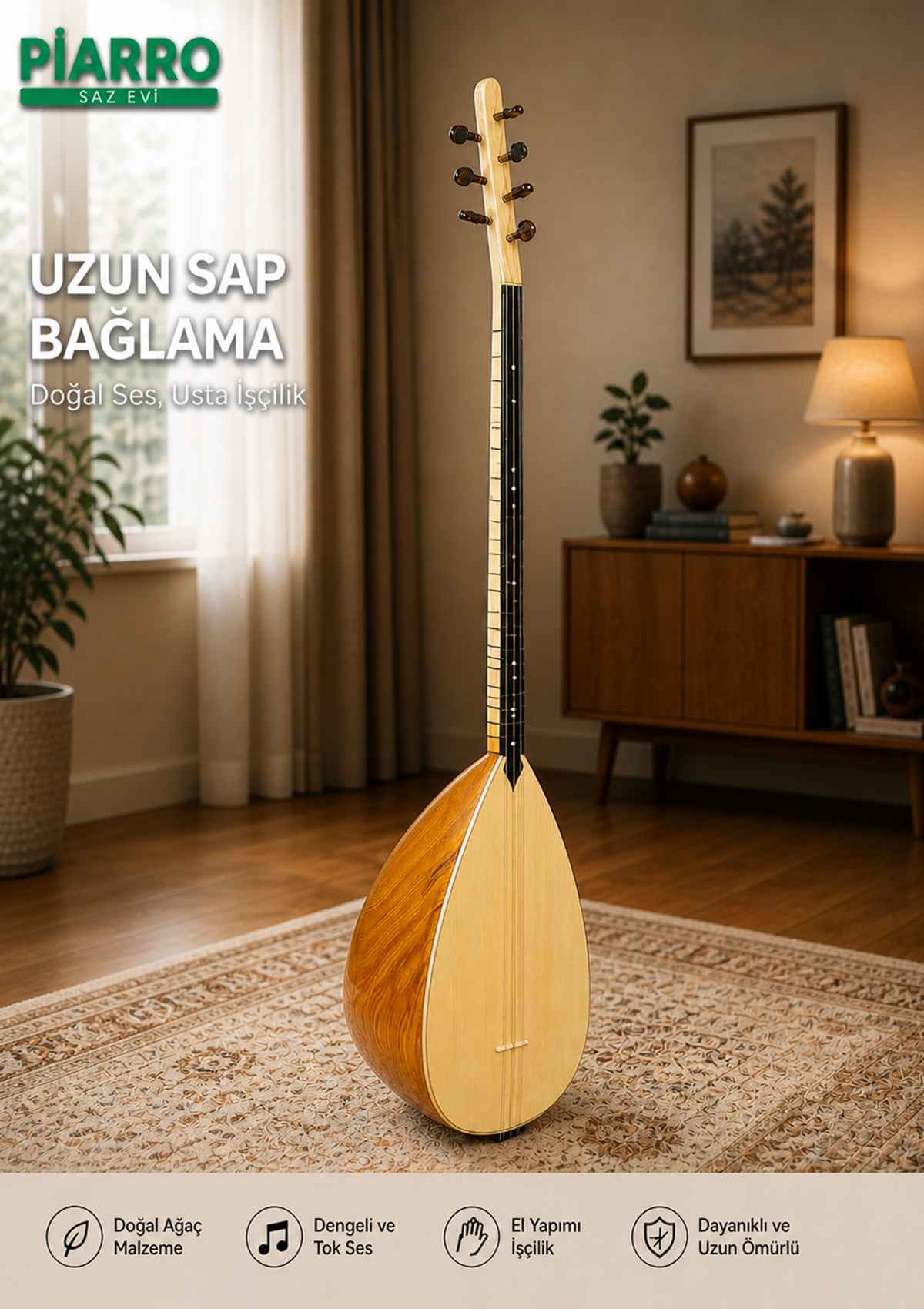 Piarro Profesyonel Uzun Sap 47 TekneDivan  El Oyması Kestane Ağacı Bağlama