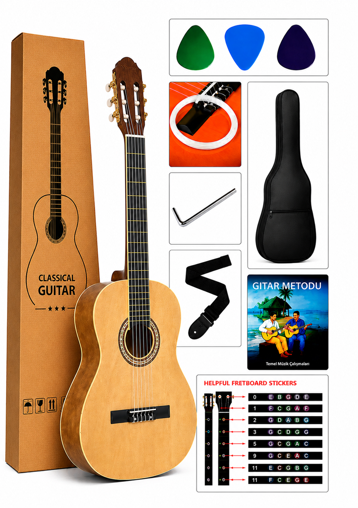 Victor Klasik Gitar Seti Naturel Renk ( Mat Cila )