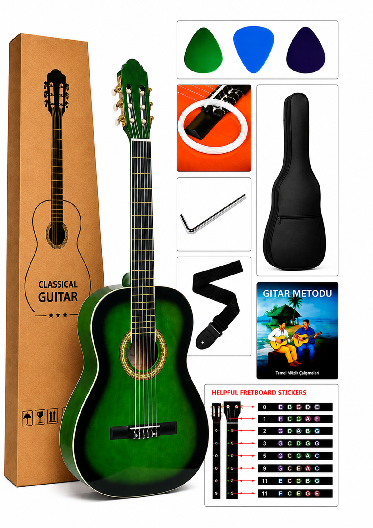 Victor Klasik Gitar Seti Yeşil Renk 
