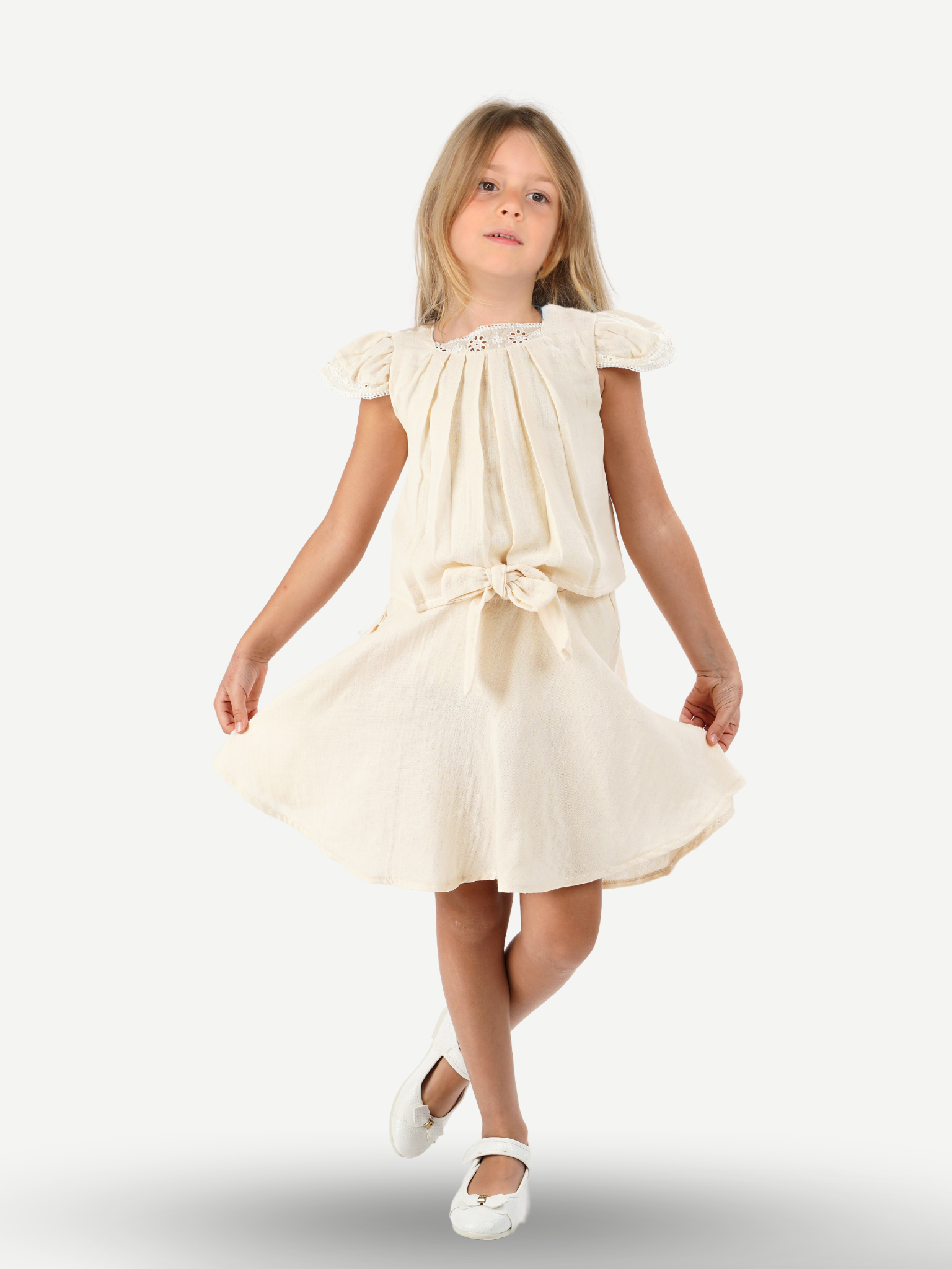 Bej Muslin Dantelli Kız Çocuk Tunik + Etekli Takım