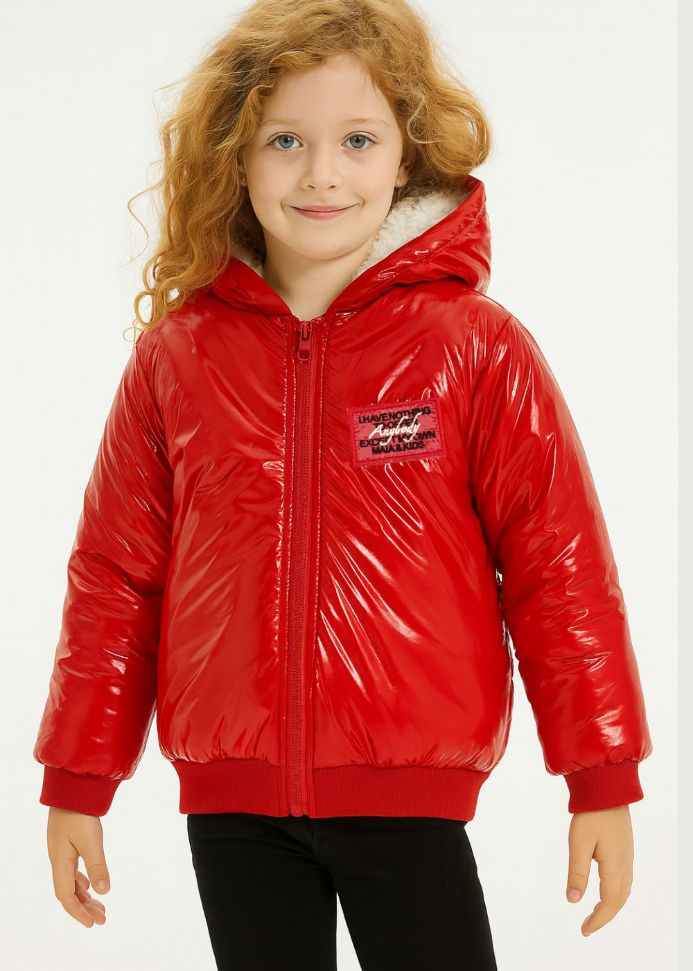 Kız Çocuk Elyaflı Kapüşonlu Kırmızı Mont