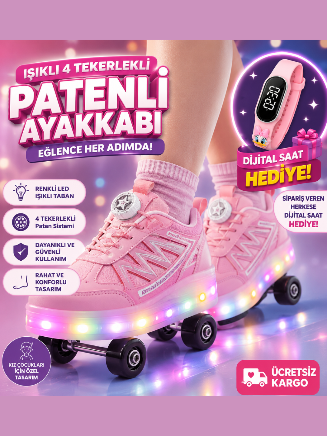 Patenli Kız Çocuk Ayakkabı PEMBE - LİLA Tak Çıkar Tekerlekler