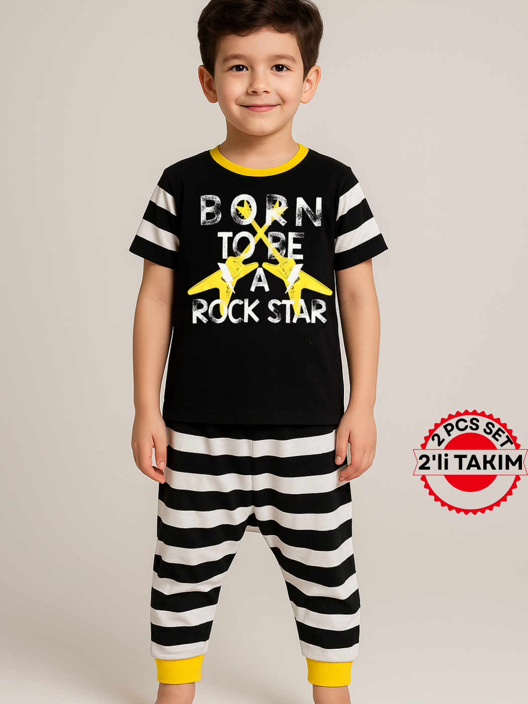 Rocker Çizgili Kapri + T-shirt Takım